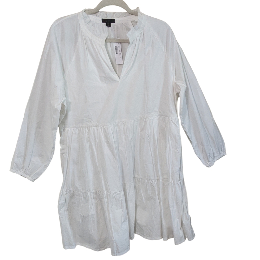 J. Crew Tiered Popover Cotton Poplin Dress In White ruffle trim split neck XL